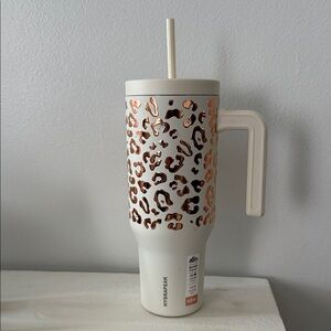 Leopard Print Tumbler with Straw - Cream and Brown